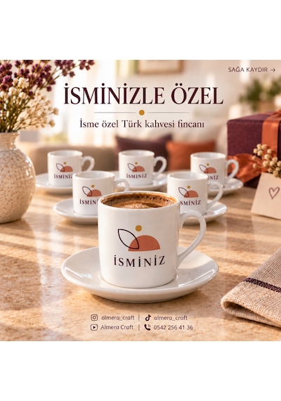 Kişiye Özel İsim Baskılı 6'lı Türk Kahvesi Fincan Seti Beyaz