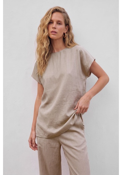 Sateen Kısa Kollu Bluz - Bej-137675