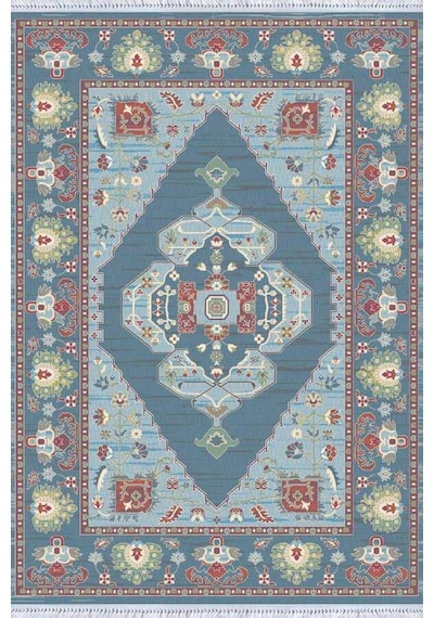 Mavi Klasik Göbekli Dokuma Pamuk Taban Kaymaz Kilim Klm314n11
