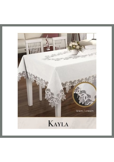 Bezos Keten Masa Örtüsü Tablecloth 155x220 Cm Dantel Masası Örtüsü Kayla Model Krem Mmbz