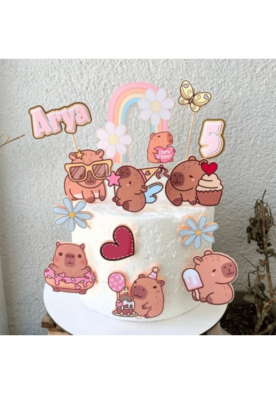 Kapibara Capybara Temalı Kız Çocuk Doğum Günü İsme Özel 3d Çubuklu Pasta Süsü Seti Çocuk