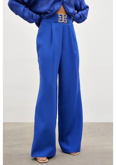 Sateen Bel Aksesuarlı Bol Paça Pantolon - Sax Mavi-134774 Saks Mavisi Sateen Bel Aksesuarlı Bol Paça Pantolon - Sax Mavi-134774 Saks Mavisi