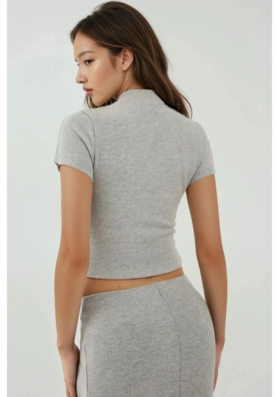 Hiccup Slim Fit Triko Crop Bluz Gri