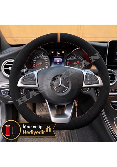 Mercedes W205 Dikme Direksiyon Kılıfı Full Alcantara Süet Taba Yüzük Ve Taba Dikiş 2014-2018 Siyah