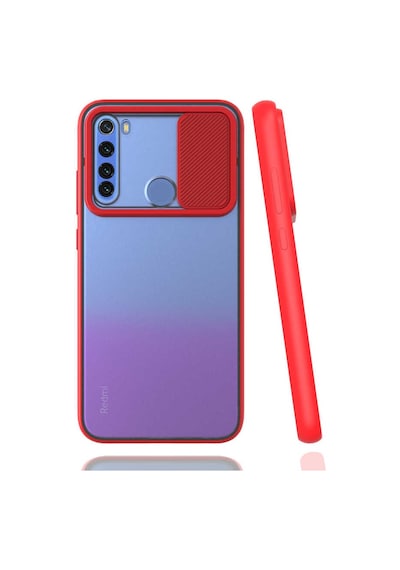 Noktaks - Redmi Note 8 Uyumlu - Kılıf Slayt Sürgülü Arkası Buzlu Lensi Kapak - Kırmızı Kırmızı