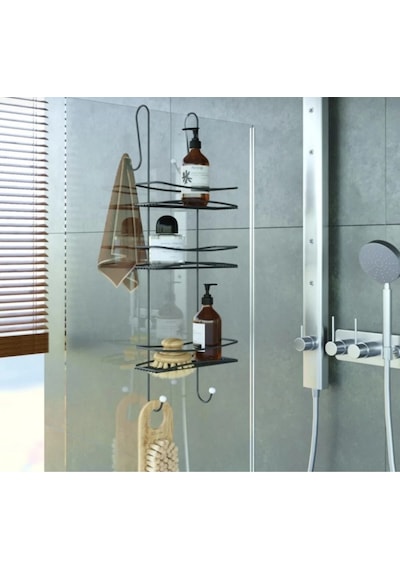 Paslanmaz Duşakabin Banyo Rafı Şampuanlık 3 Katlı Askılı Siyah Siyah