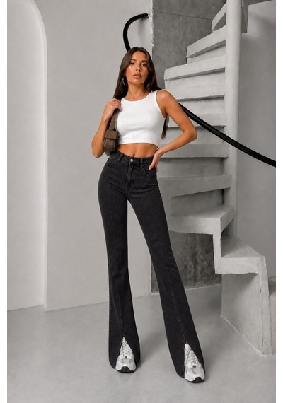 Bluemarlin Likralı Esnek Paça Yırtmaçlı İspanyol/flare Denim Pantolon Siyah