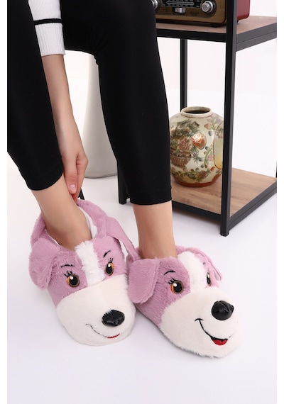 Wordex Hayvanlı H10 Köpekli Kışlık Kadın Erkek Çocuk Panduf Ev Içi Sessiz Taban Panduf Lila