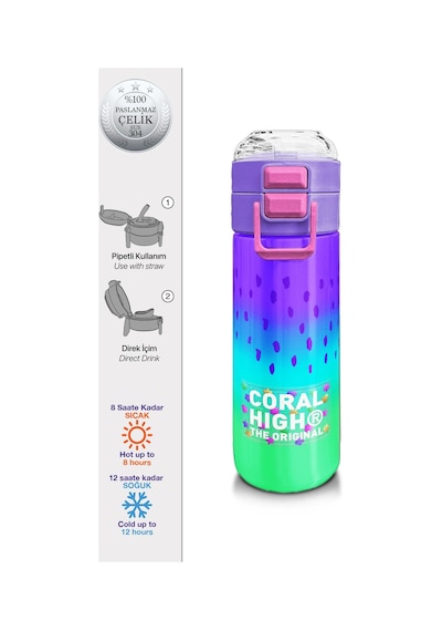 Coral High Kids Mor Lila Renk Geçişli Pipetli Ve Direkt İçim Çelik Termos 500 Ml 31850 Lila