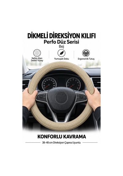 Trobus Volkswagen Taigo 2021-2025 Uyumlu Dikmeli Direksiyon Kılıfı Perfo Düz Delikli Deri Bej