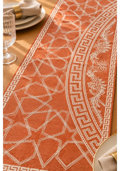 Nakışlı Geometrik Desenli Dekoratif Runner Masa Örtüsü 45x120 Cm Turuncu
