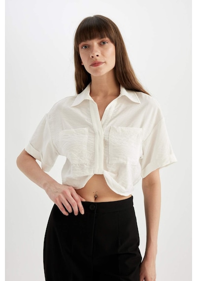 DeFacto Cropped Fit Gömlek Yaka Twill Kısa Kollu Bluz C7799AX24SMER105