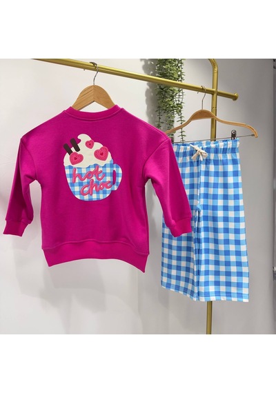 Hot Choc Baskılı Fuşya Sweatshirt Mavi Pötikare Eşofman Alt Üst Takım Süper Kalite Pembe