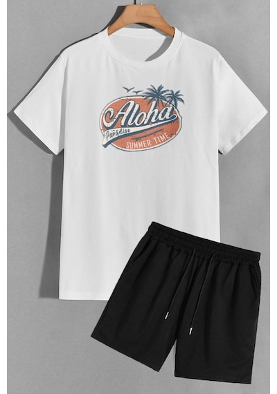 Uyguntarz Aloha Şort T-shirt Eşofman Takımı Beyaz