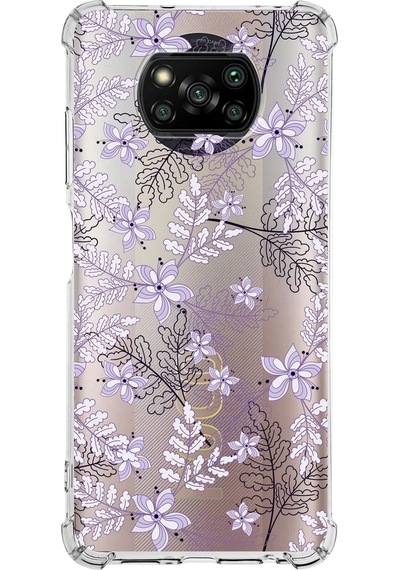 Xiaomi Poco X3 Pro Köşe Korumalı Antişok Kapak Floral Lila Tasarımlı Şeffaf Silikon Kılıf