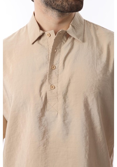 Madmext Bej Oversize Rahat Kesim Kısa Kollu Gömlek 6744