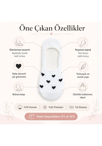 Çorap Giyim Kadın Kalp Desenli Görünmez Ekonomik Babet Çorabı 6 Lı Paket Siyah, Beyaz Ve Karışık Renk Kaymaz Topuklu Pamuklu Çorap