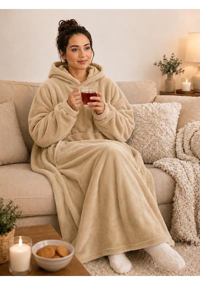 Mulberry Wellsoft Kapşonlu Giyilebilir Tv Battaniyesi Unisex Over Size - Camel 36 Derece Üstü