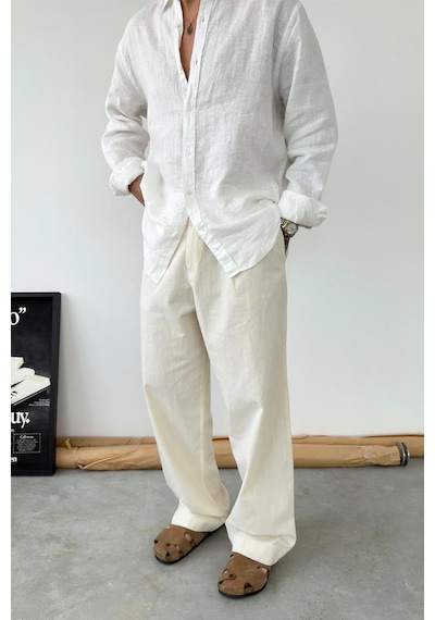 Bej Premium Baggy Keten Pantolon