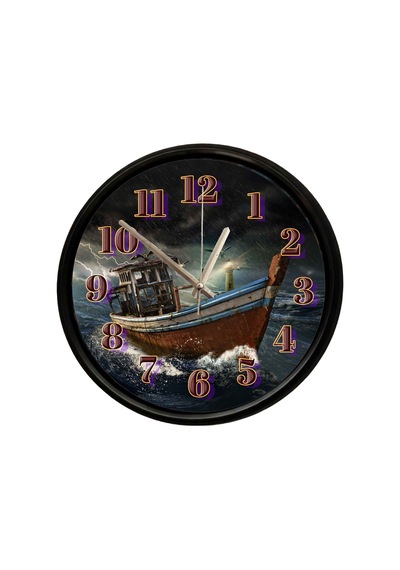 Fırtınalı Deniz Ve Balıkçı Teknesi Dekoratif Duvar Saati 28 Cm Sessiz Mekanizma Çok Renkli