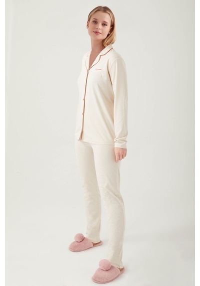 Pierre Cardin 7717 Gömlek Model Kadın Pijama Takım Bej