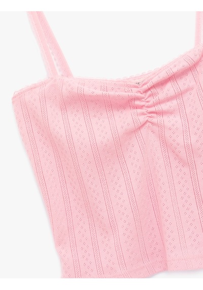 Koton Pamuklu İp Askılı Büzgülü Dokulu Slim Fit Crop Atlet Pembe 5sak10669ek Gül