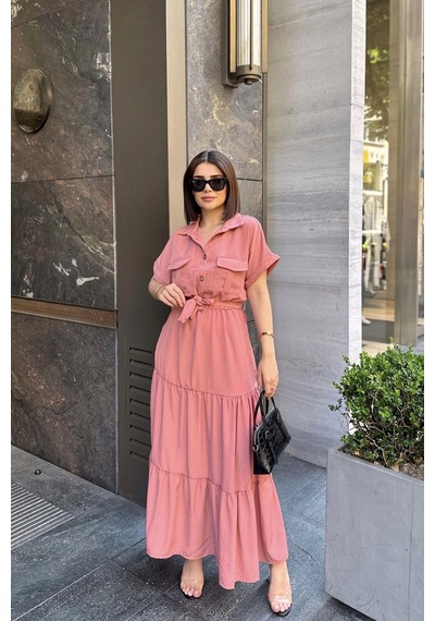 WeShaya Gül Kurusu Kısa Kol, Airobin Kumaş, Yarım Patlı, Kuşaklı, Eteği Pliseli, Cepli Maxi Uzun Elbise Pembe