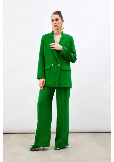 Sateen Pile Detaylı Salaş Pantolon - Yeşil