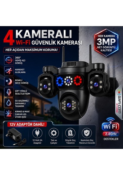 4 Kameralı Çakarlı Ptz Wifi Kamera Hieasy Yazılım