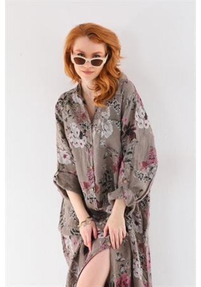 Bohem Stil İtalyan Gömlek Yaka Uzun Kol Dijital Baskılı Keten Elbise Camel