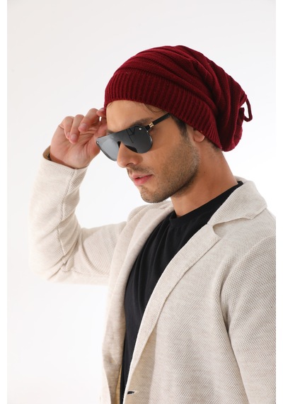 Ritagarcia Unisex Arkası İpli Büzgülü Triko Bere Kışlık Dökümlü Slouchy Beanie Bere Bordo