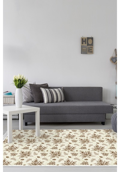 Alanur Home Kaymaz Dijital Mutfak & Salon Halı Star Pamuk Saçaklı Vintage Al5008 Bej