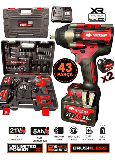 Schmıtzer Sch-9502k Pro 21v 15 Pilli Çift Akülü Kömürsüz Darbeli Vidalama 650 Nm Somun Sıkma Sökme Matkap