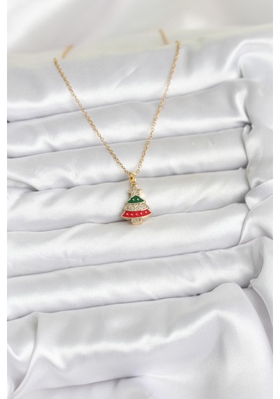 316l Çelik Zincir Gold Ren Çam Ağacı Model Zirkon Taşlı Yılbaşı Temalı Kadın Kolye - Çok Renkli