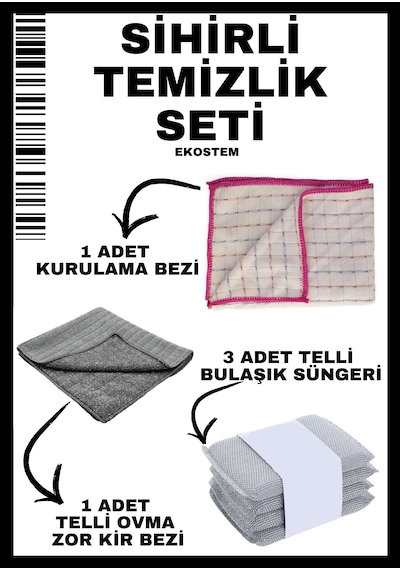 Ekostem Sihirli Temizlik Kurulama Bezi + Telli Ovma Kir Bezi + Telli Bulaşık Süngeri 3'lü