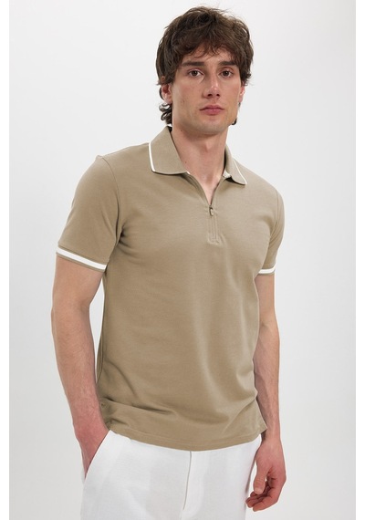 Tudors Erkek Slim Fit Dar Kesim %100 Pamuk Jakarlı Düz Yaka Ve Kol Detaylı Bej Polo Yaka Tişört-50218
