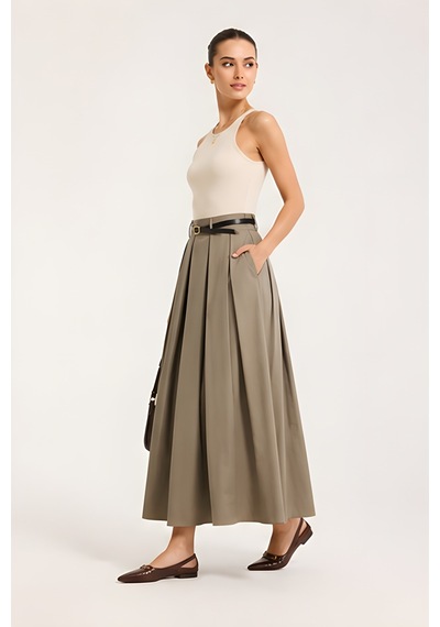 Lili Woman Kadın Urban Pleat Kemer Detaylı Midi Paraşüt Etek P.2962 Yeşil