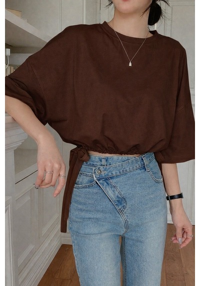 Kadın Oversize Basic Haki Tişört Yan Bağlamalı Rahat Kesim Günlük Yazlık T-shirt Kahverengi