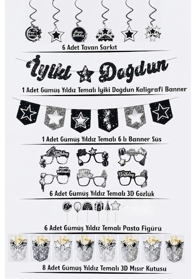 Gümüş Yıldız Temalı Doğum Günü Parti Seti İyi Ki Doğdun Banner, Tavan Sarkıt, Gözlük, Pasta Süsü Ve Mısır Kutusu