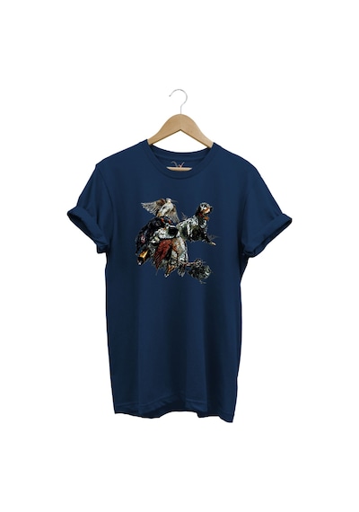Avcılık Temalı English Setter Ve Kuş Baskılı %100 Pamuk Unisex Regular Fit T-shirt Lacivert