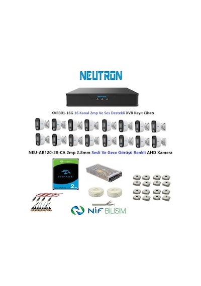 Neutron 2mp 16 Kameralı Gece Renkli Sesli Dış Ortam Ahd Full Kamera Seti 2tb Disk Neu-ab120-28-ca
