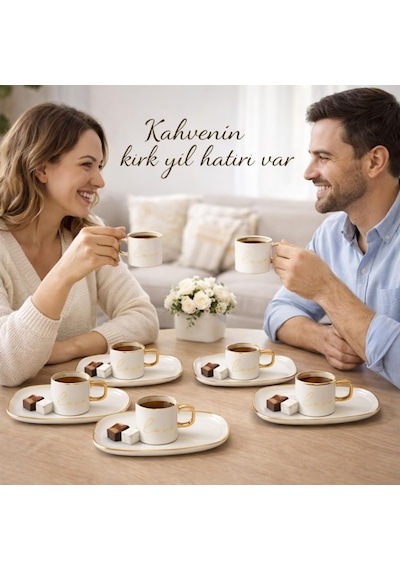 6'li Beyaz Gold Detaylı Kahve Fincanı Ve Sunum Tabaklı Set Yazılı Tasarım, Porselen Türk Kahvesi Seti Diğer