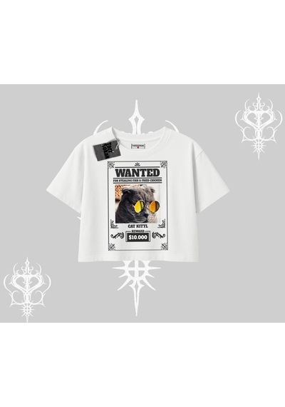 Tarzsokak Wanted Temalı Kedi Baskılı Oversize Crop Tshirt Beyaz