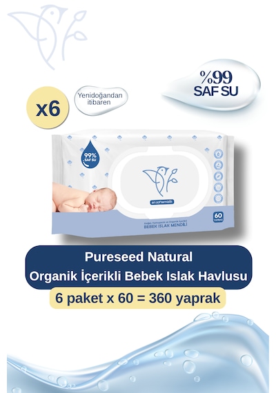 Pureseed Natural Organik İçerikli %99 Saf Su Bebek Islak Havlusu 6x60 6 Paket