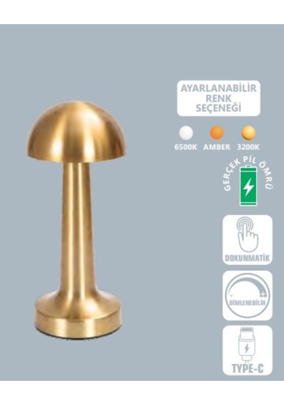 Şarjlı Mantar Masa Lambası Dokunmatik 3 Işıklı Dim Edilebilir Gece Lambası Aydınlatma Bronz