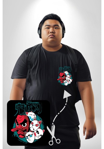 Angemiel Japon Anime Tengu Maske Siyah Büyük Beden Kadın Basic Minimal Baskılı Tişört Siyah