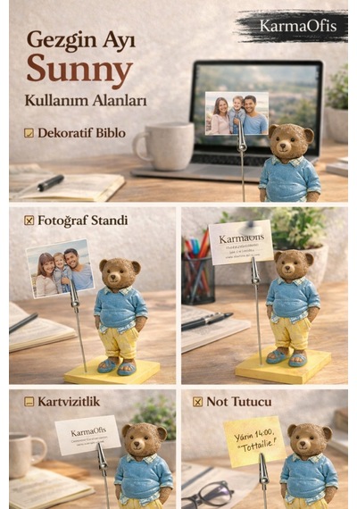 Gezgin Ayı Sunny Not Tutucu & Fotoğraf Standı Dekoratif Masaüstü Organizer El Boyaması Biblo