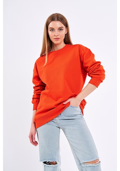 Mmetalic Turuncu Kadın Pamuklu Oversize Basic Bisiklet Yaka Sweatshirt 001