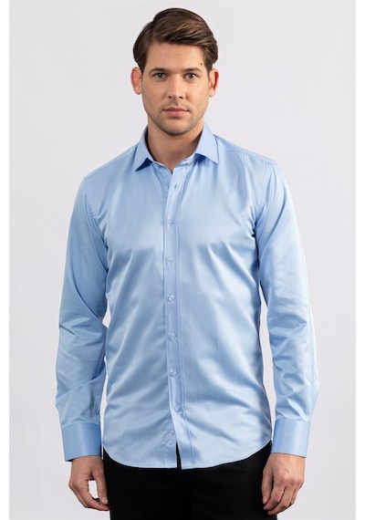 Tudors Modern Slim Fit Düz Saten Erkek Gömlek-23056 Mavi