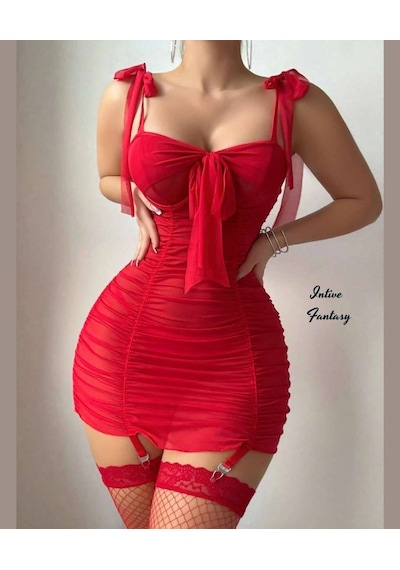 Miss Bella Tamamı Tülden Askıları Feminen Kurdeleli Jartiyerli Mi Kırmızı